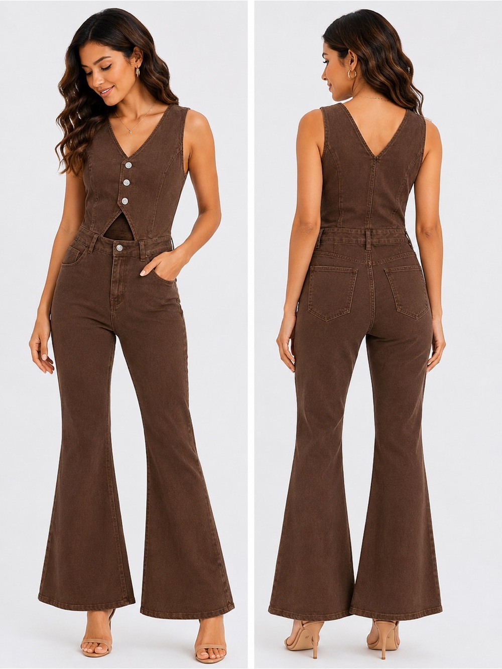 Brown V-Neck Button Front Flared Jumpsuit